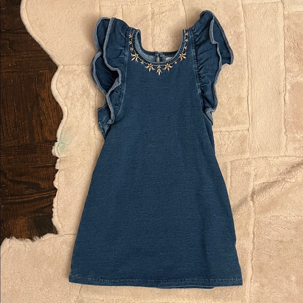 Kids Denim Blue Dress with Embroidered Neckline